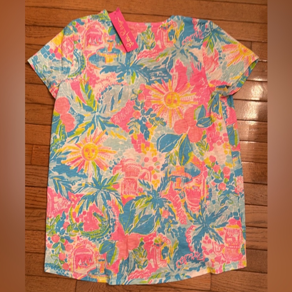 Lilly Pulitzer Floral V-Neck Tee in Pink, Blue & Yellow Size L NWT! - Picture 3 of 3